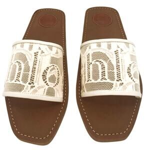 Authentic Chloé Woody Flat Mule Sandals cream logo-detailed lace strap Size 7|37